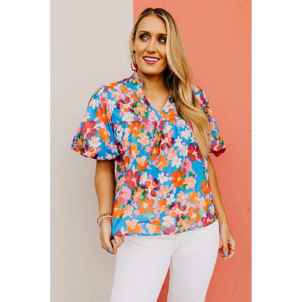Pants Store Womens Floral Puff Sleeve Babydoll Blouse Blue Orange XS
